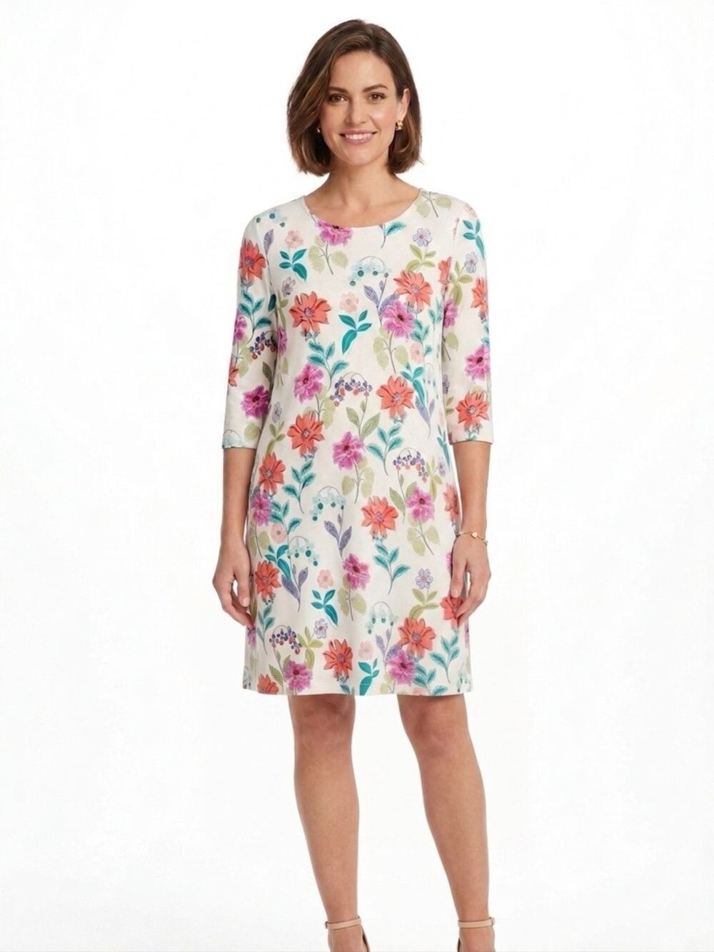 J Jill Wearever Collection Floral Cream Shift Dress with Coral & Teal Blooms XL